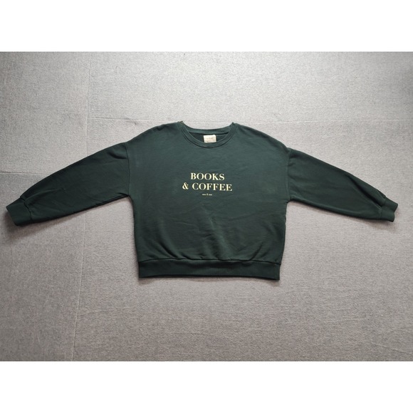 Books & Coffee Tops - Books & Coffee Women Sweatshirt L Dark Green 100% Cotton Graphic Comfy Pullover